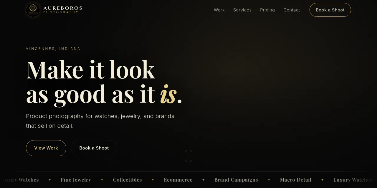 Aureboros Photography website displayed in a browser frame